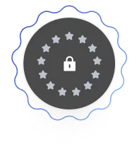 Circular badge with a lock icon in the center surrounded by twelve stars, symbolizing privacy or security.