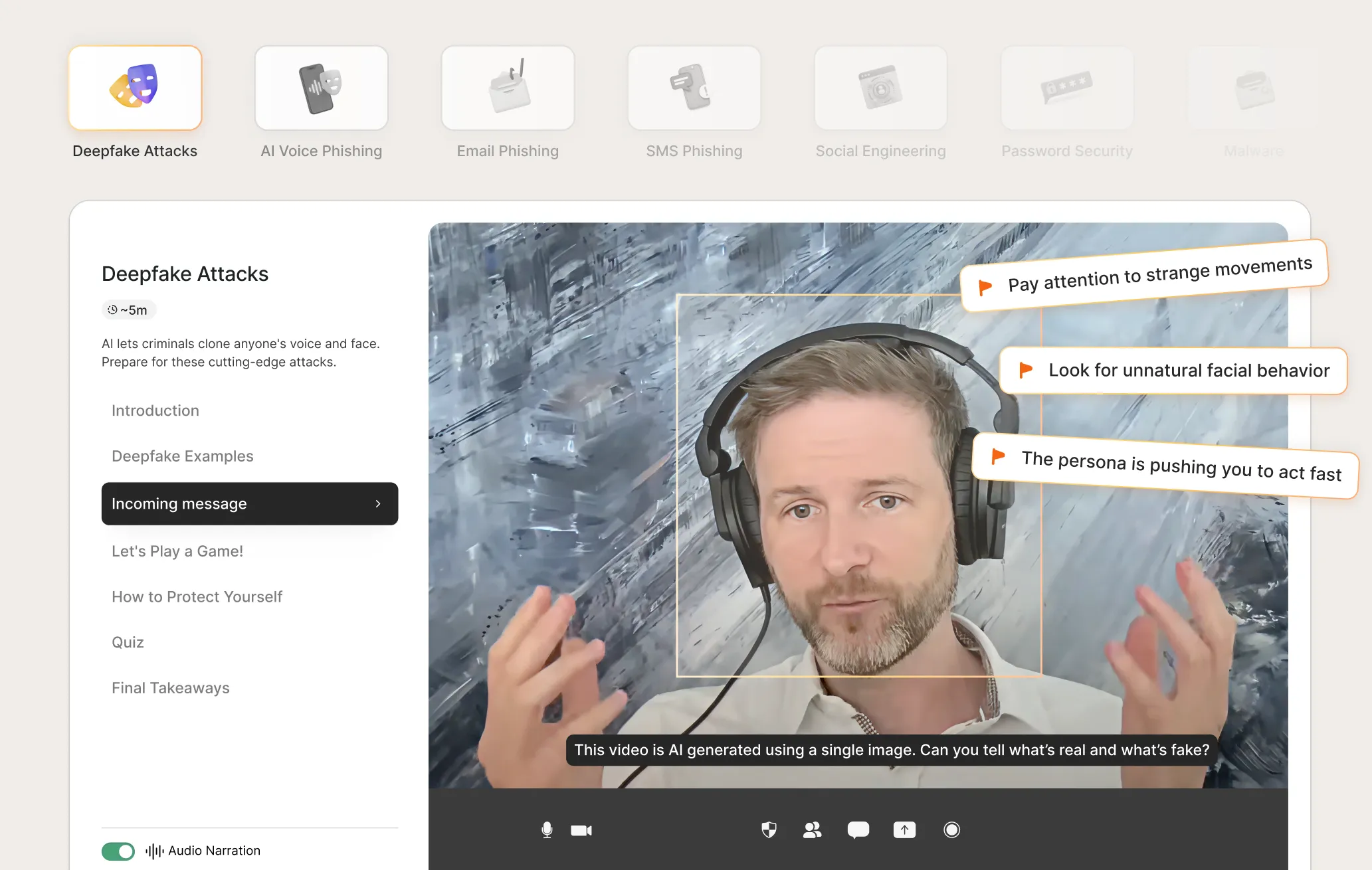 Man wearing headphones in a video labeled as AI-generated deepfake with tips to watch for strange movements, unnatural facial behavior, and rushing actions.
