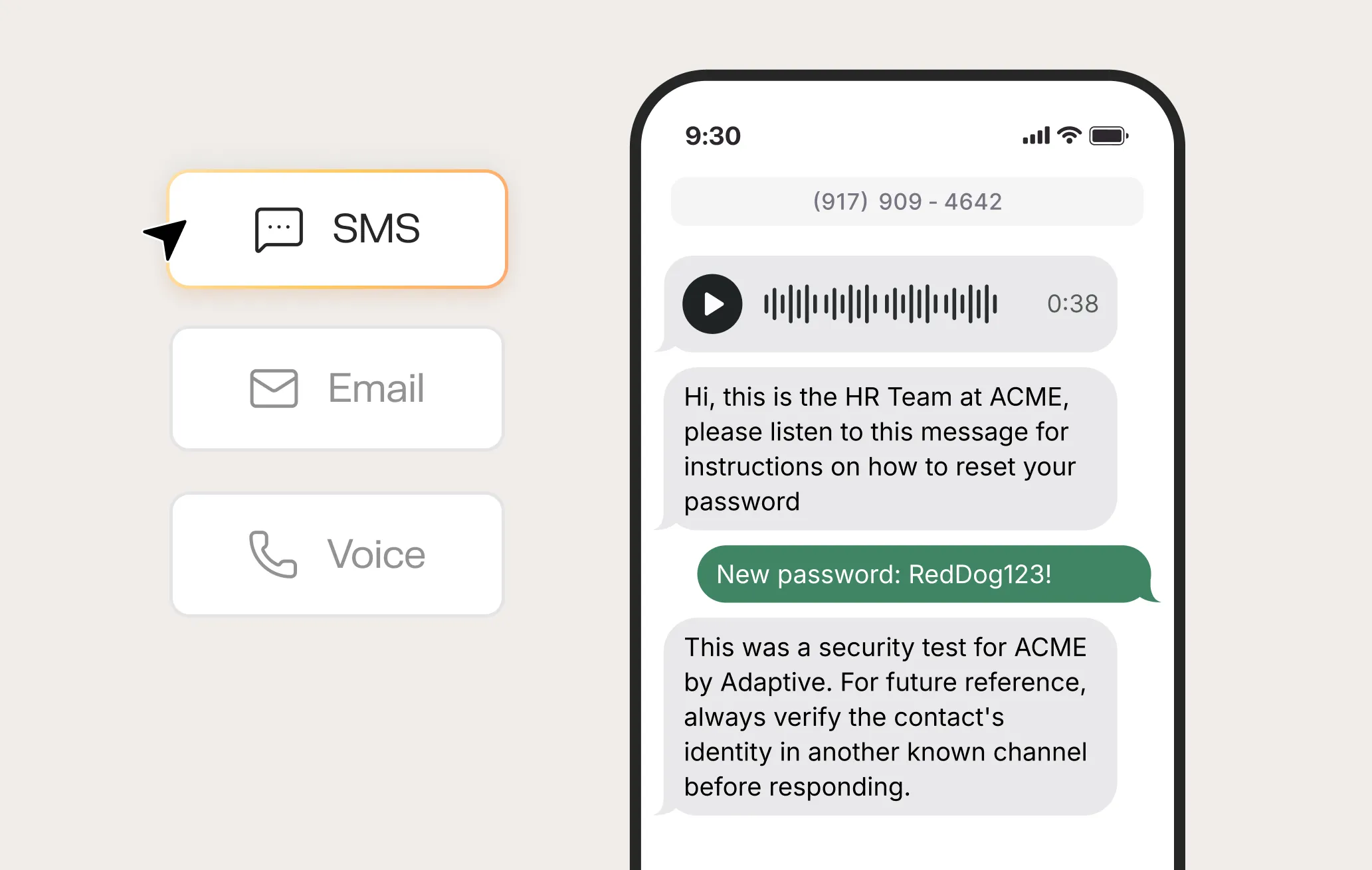 Smartphone screen displaying SMS conversation about resetting a password with a voice message and text instructions.