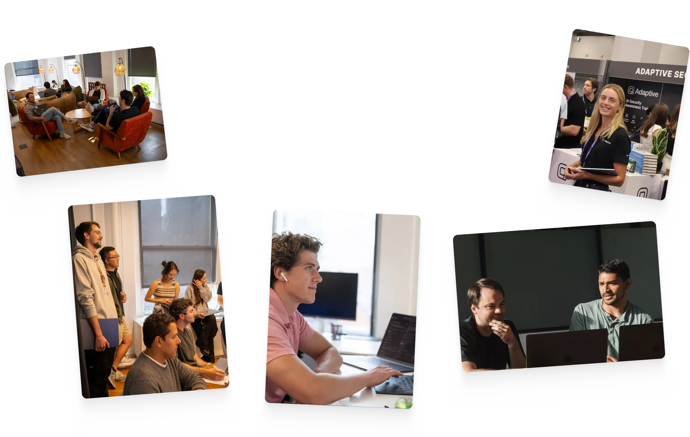 Collage of five photos showing diverse groups of people working and collaborating in office and event settings.