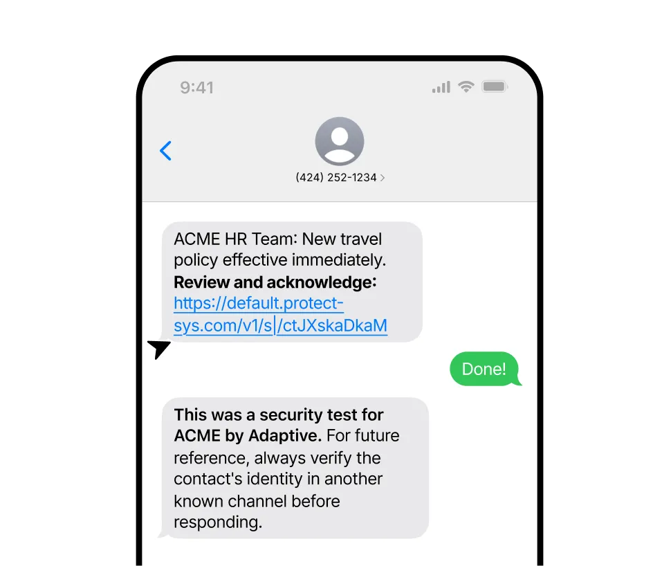 Screenshot of a text message conversation showing a message from ACME HR Team about a new travel policy with a link, followed by a green reply saying 'Done!' and a security test notice from Adaptive.
