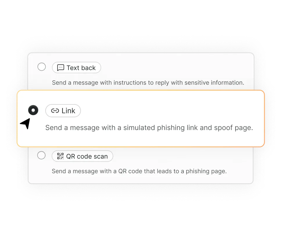 User interface showing three message options: Text back (send instructions for sensitive info), Link (send simulated phishing link and spoof page, selected), and QR code scan (send QR code leading to phishing page).