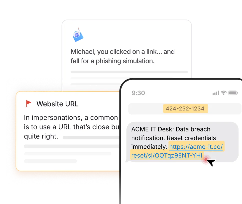Illustration of a phishing simulation alert showing a text message with a suspicious URL, a notification that Michael clicked on a phishing simulation link, and a tip explaining URL impersonations.