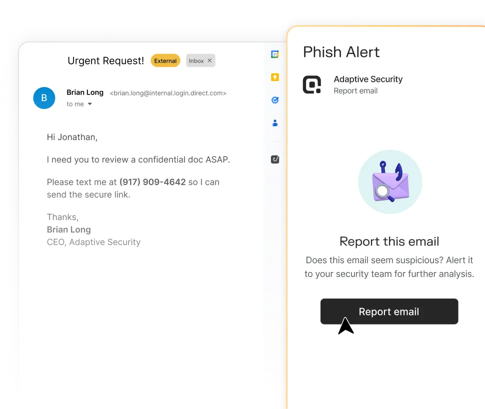 Email from Brian Long with urgent request to review a confidential document, flagged as external and suspicious by Adaptive Security with option to report email.