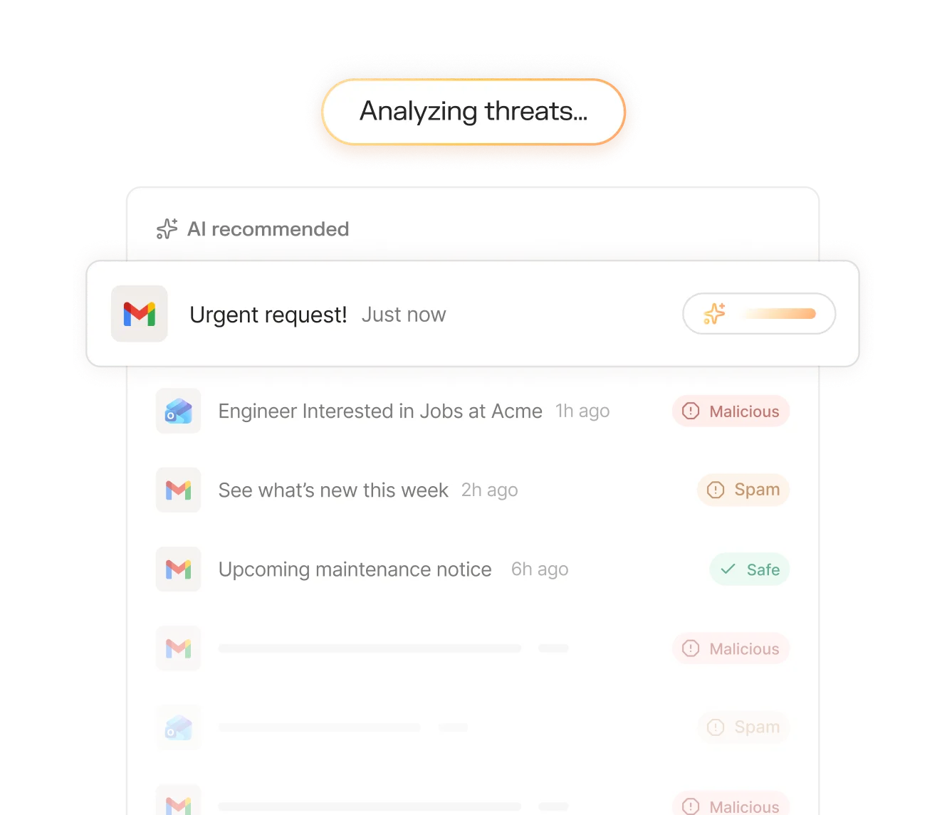 Email inbox interface showing AI threat analysis with messages marked as Malicious, Spam, and Safe, including an urgent request notification.