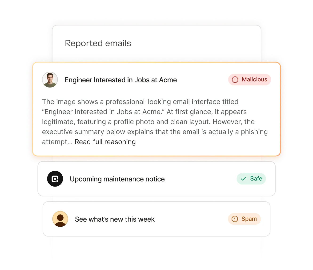 List of reported emails with status: 'Engineer Interested in Jobs at Acme' marked Malicious, 'Upcoming maintenance notice' marked Safe, and 'See what’s new this week' marked Spam.