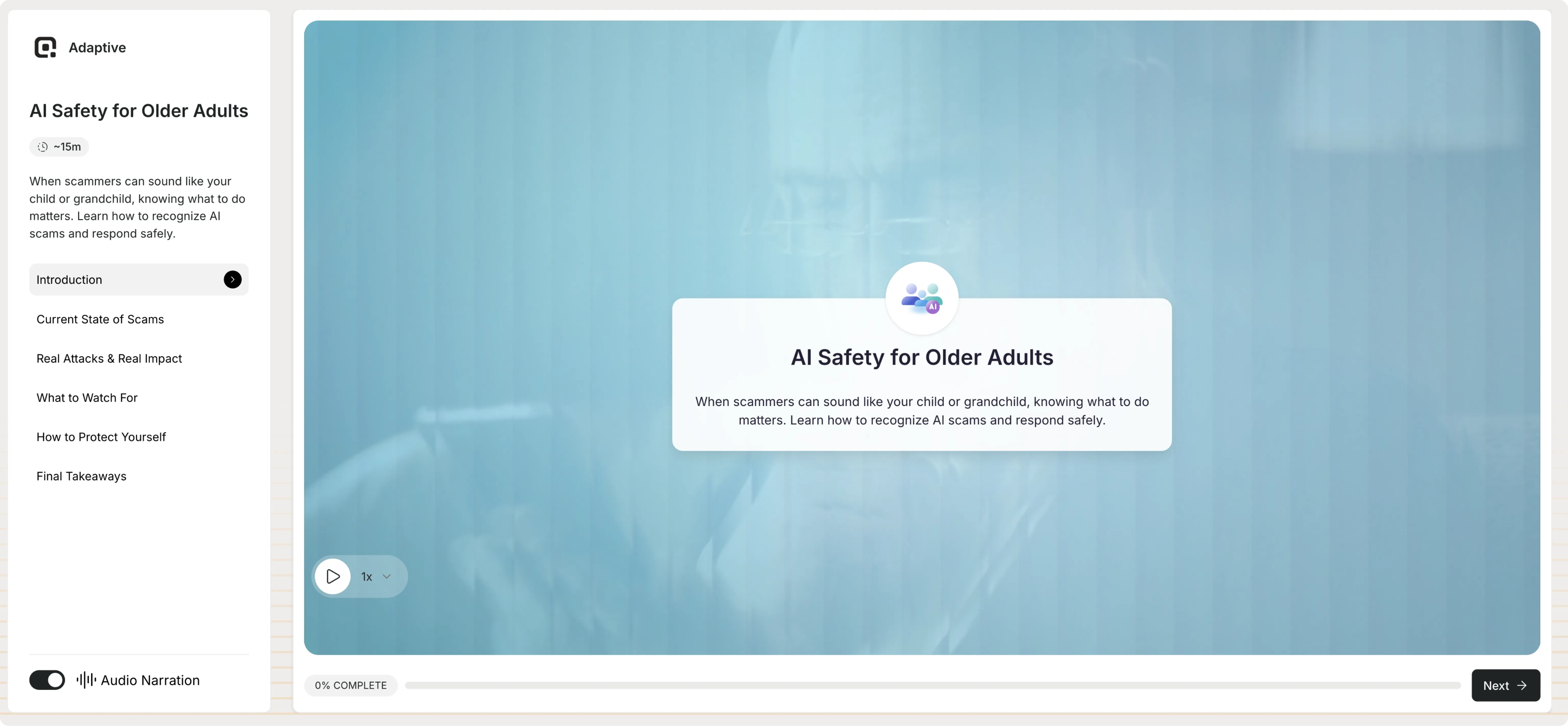E-learning interface titled 'AI Safety for Older Adults' with navigation menu on left and lesson introduction in center.