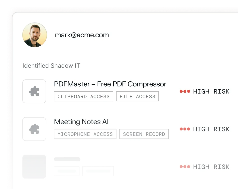 User mark@acme.com identified two high-risk Shadow IT apps: PDFMaster with clipboard and file access, and Meeting Notes AI with microphone access and screen recording.