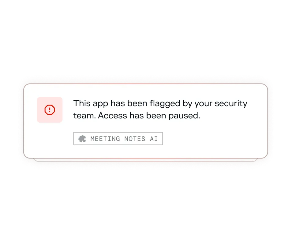 Notification stating the app 'Meeting Notes AI' has been flagged by the security team and access has been paused.