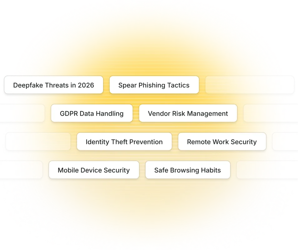 Tags with cybersecurity topics including Deepfake Threats in 2026, Spear Phishing Tactics, GDPR Data Handling, Vendor Risk Management, Identity Theft Prevention, Remote Work Security, Mobile Device Security, and Safe Browsing Habits.