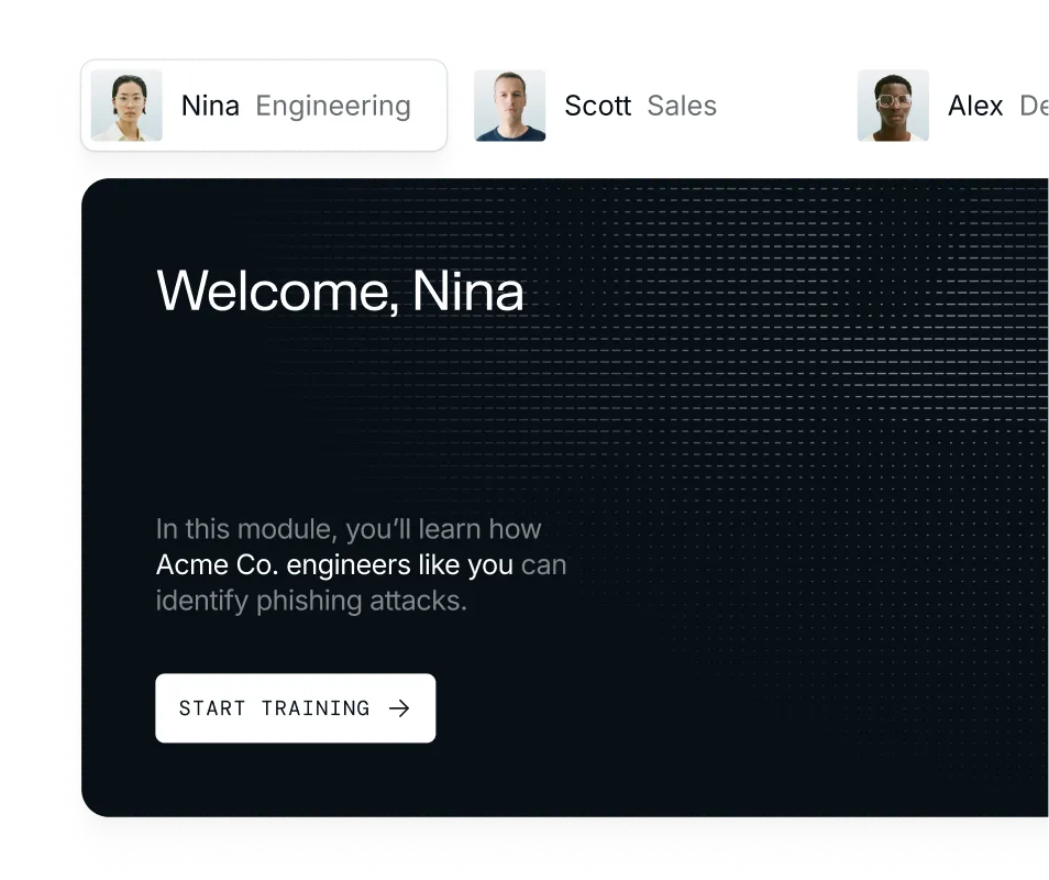 User interface showing a welcome message for Nina from Engineering with a prompt to start training on identifying phishing attacks.