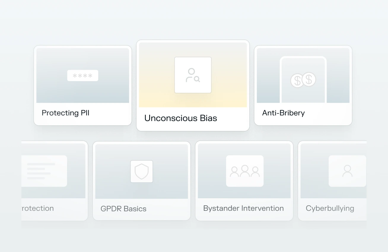 User interface displaying training modules including Protecting PII, Unconscious Bias, Anti-Bribery, GPDR Basics, Bystander Intervention, and Cyberbullying.
