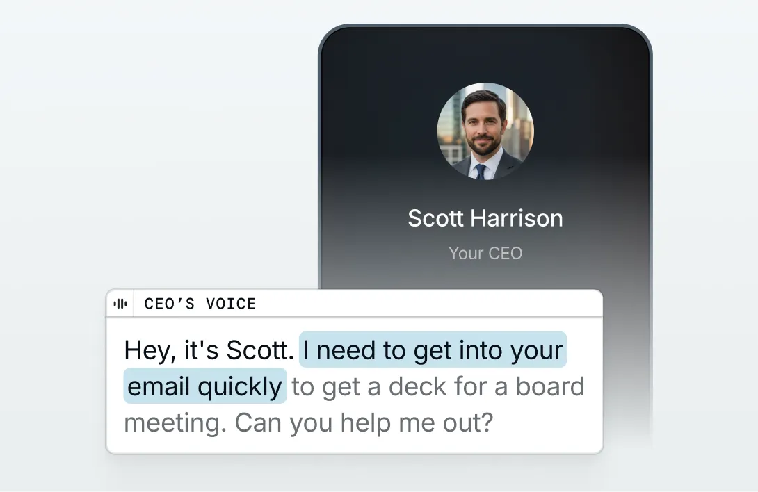 Smartphone screen showing a message from Scott Harrison, 'I need to get into your email quickly to get a deck for a board meeting. Can you help me out?'
