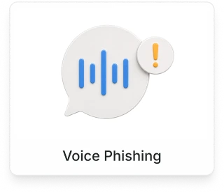 Icon of a speech bubble with sound wave lines and an exclamation mark, labeled Voice Phishing.