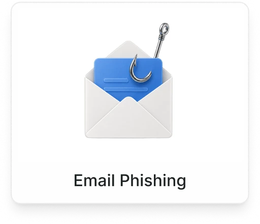 Envelope with a blue email and a fishhook symbolizing email phishing threat.