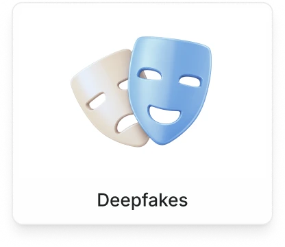 Two theatrical masks, one sad in beige and one happy in blue, above the word Deepfakes.