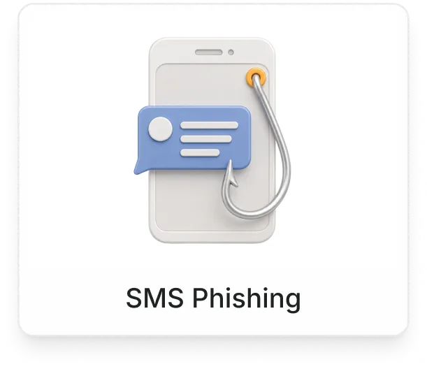 Phone with a phishing hook and a message bubble representing SMS phishing.