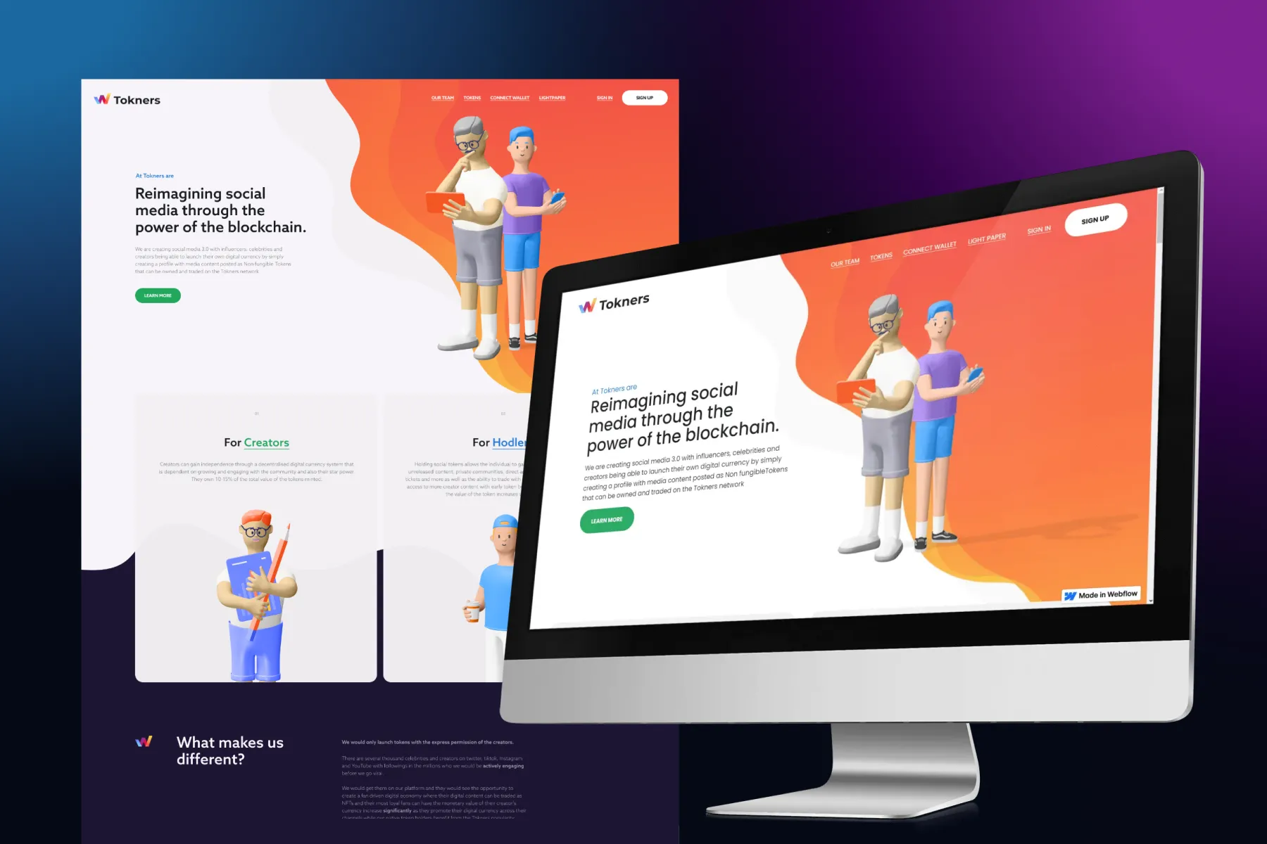 Website design file and iMac mockup showing the Tokners website side by side.