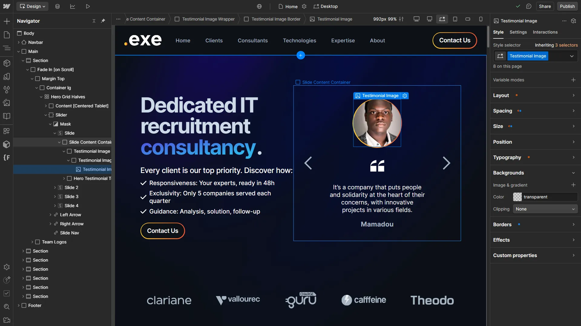 Screenshot of the Pointexe website in Webflow