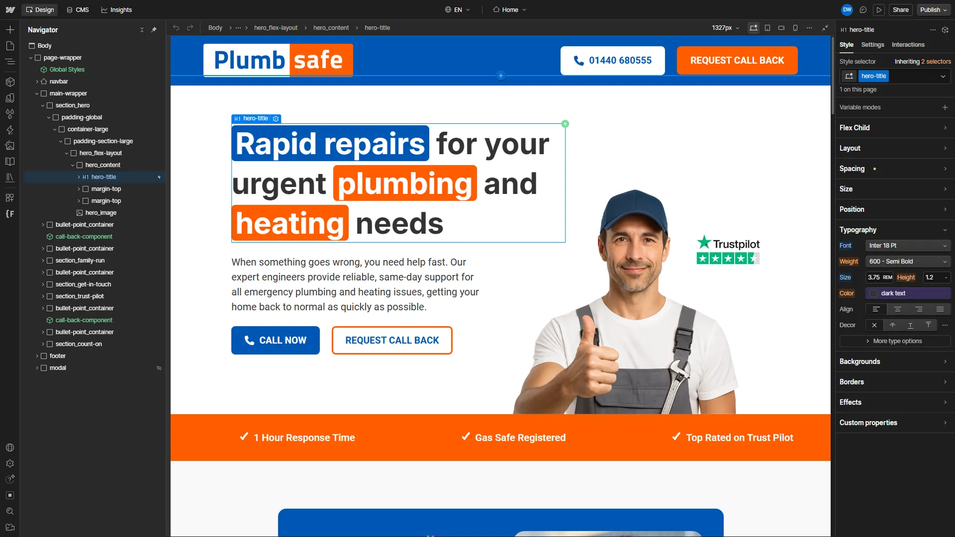 The Plumbsafe website being developed in Webflow