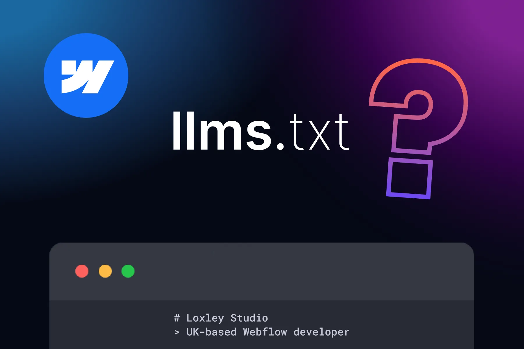 The words lls.txt float with a question mark, a webflow logo and an example llms.txt file.