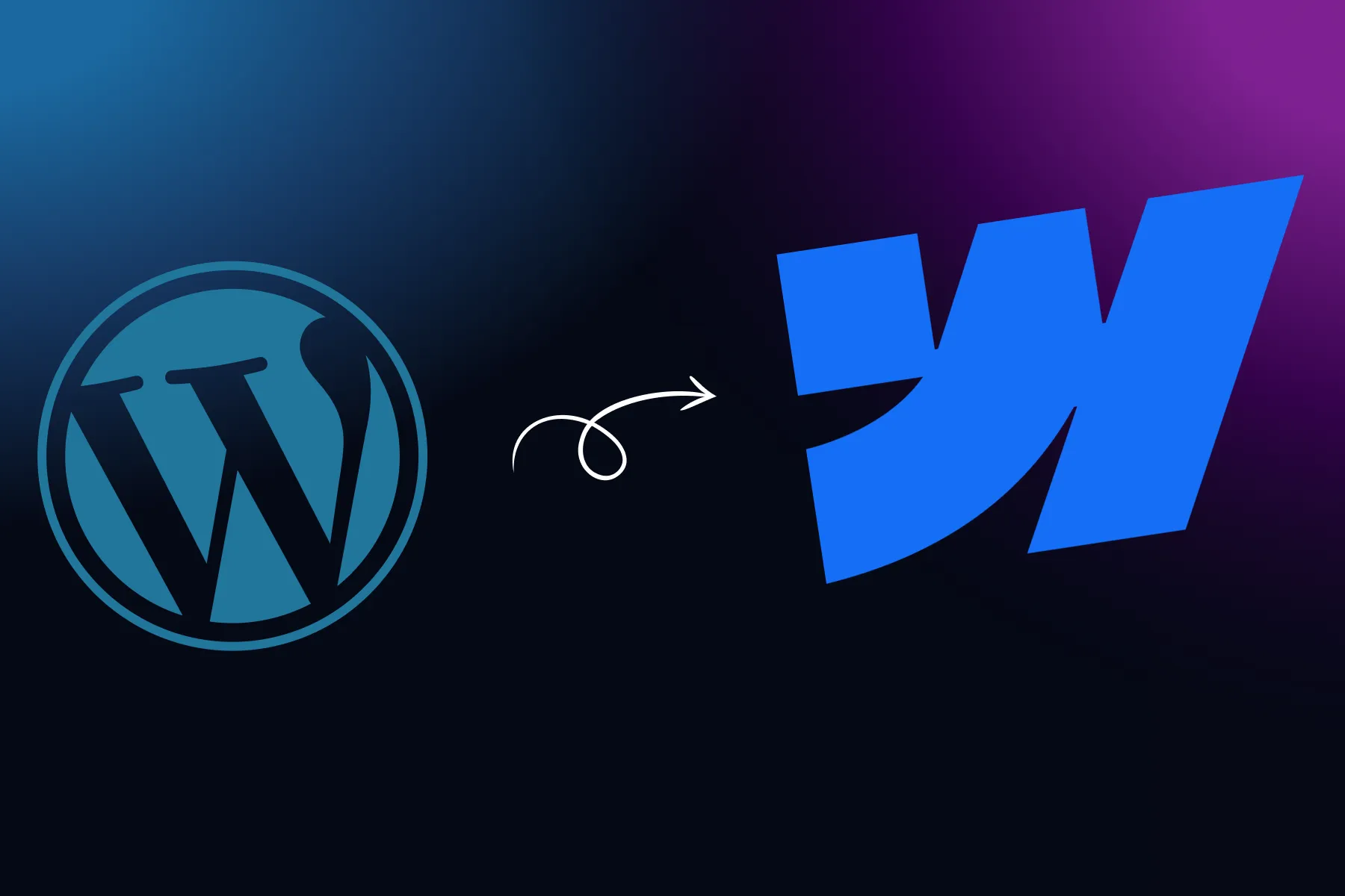 The Wordpress logo hangs mid air as a curly arrow points to the Webflow logo