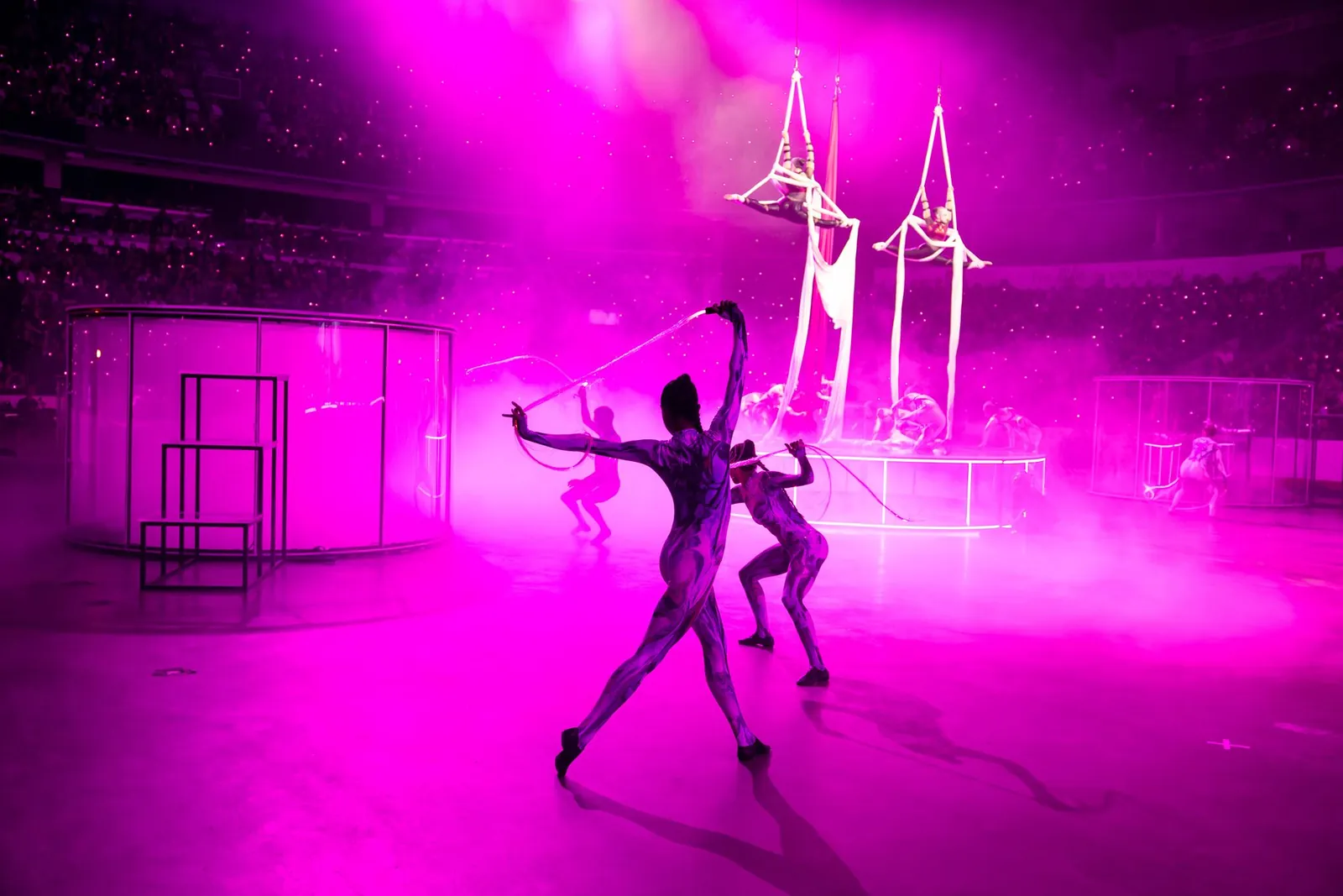 Dancers and aerialists performing in pink haze at TennoCon 2026