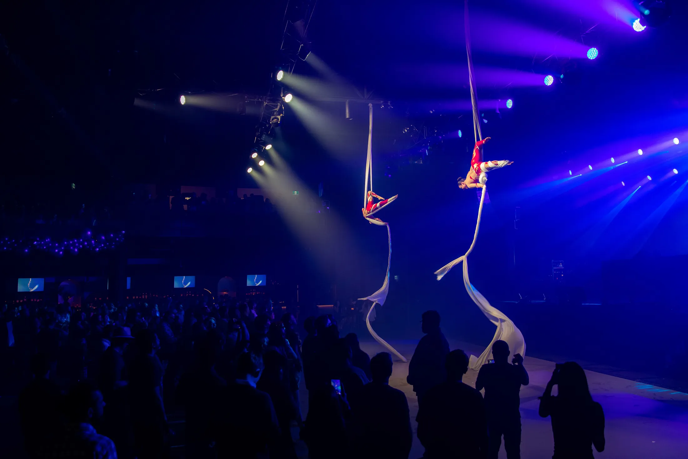 Two aerial silks performers in a spotlight above an arena