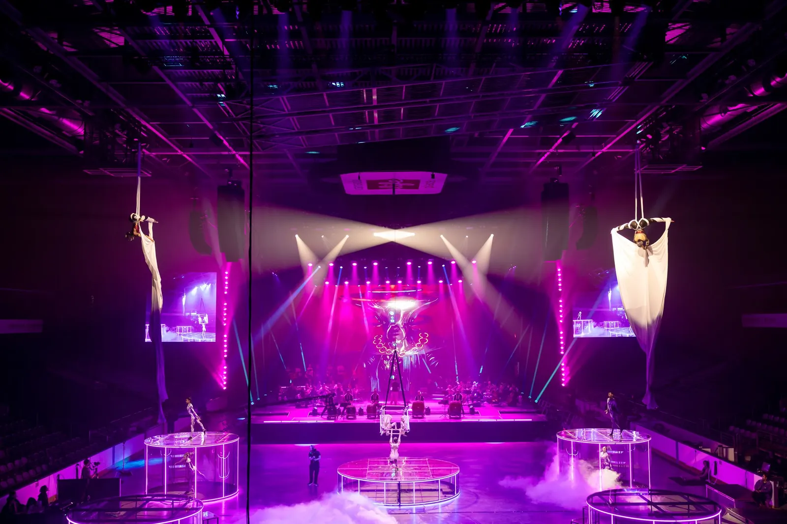 Synchronized silks performers above an arena stage in purple light