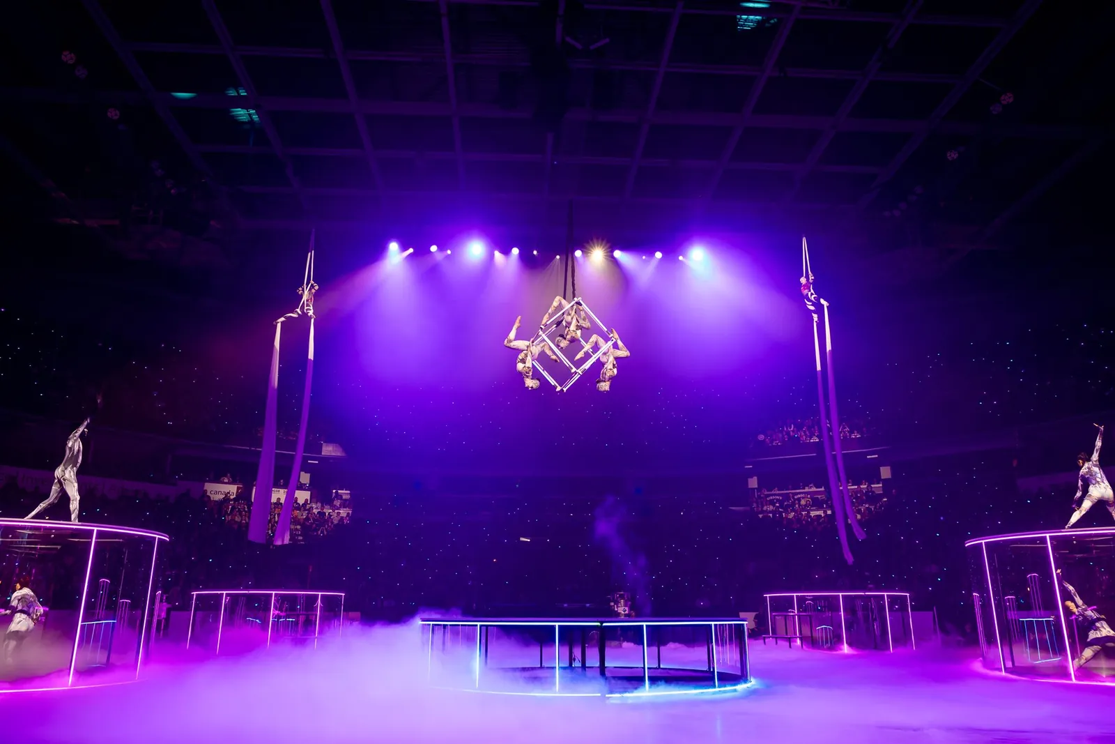 Aerialists performing on silks above a fog-covered arena stage