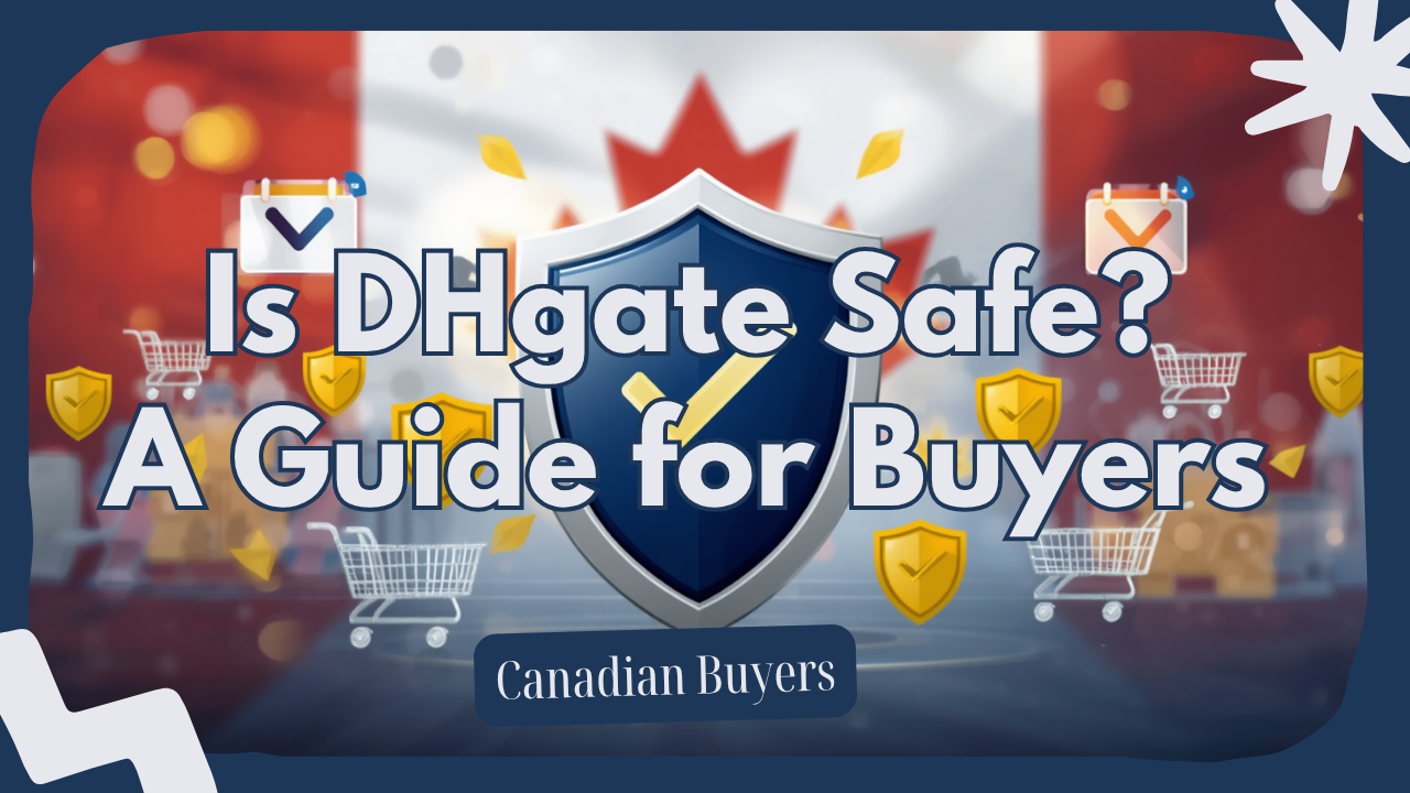 DHgate website on a laptop screen showing products available for Canadian buyers