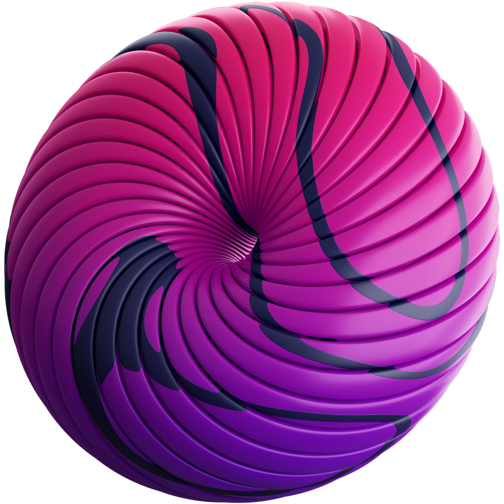 A 3D pink and purple donut with line textures