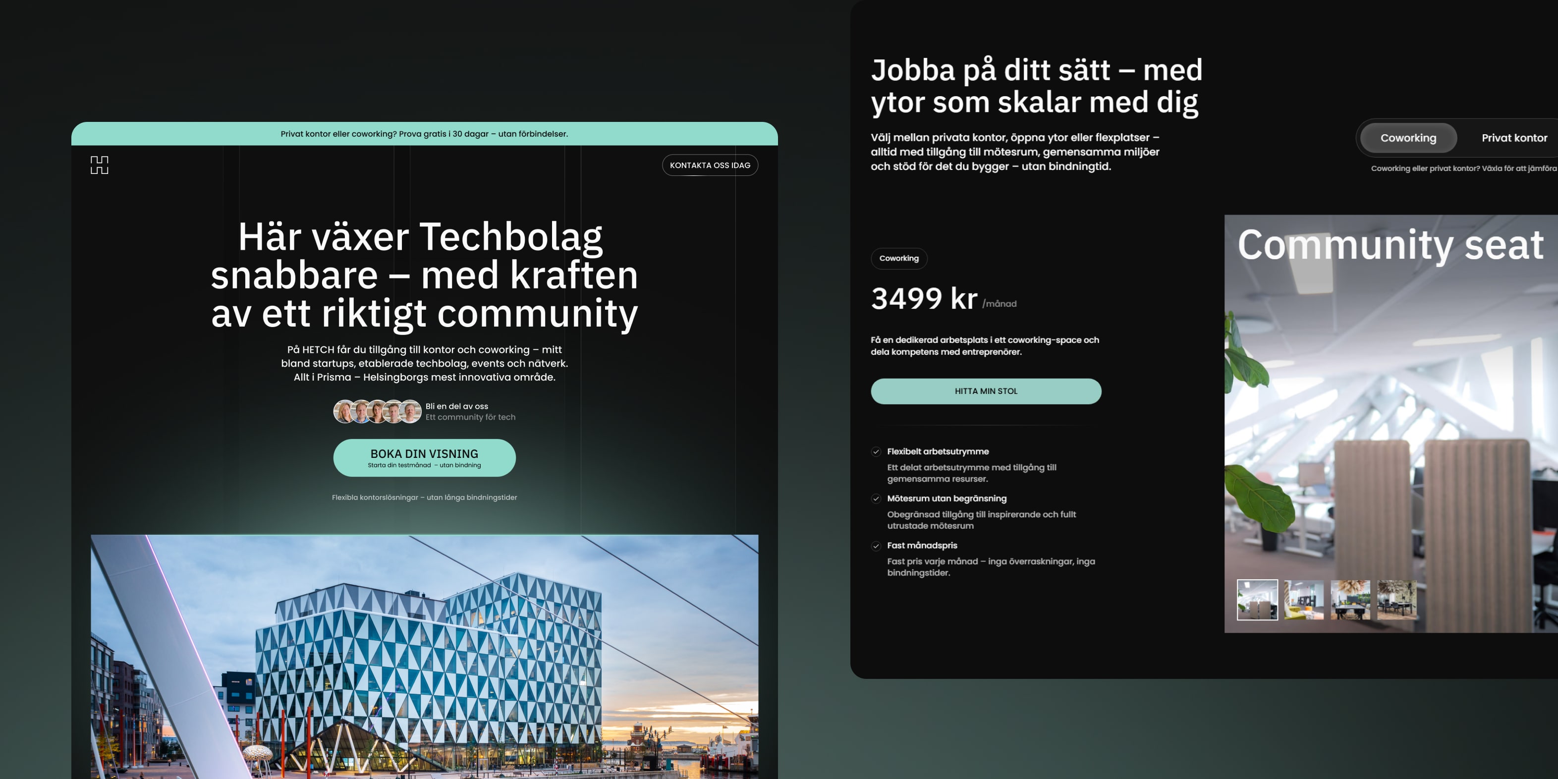 Startsida och tjänstesida på HETCH:s hemsida