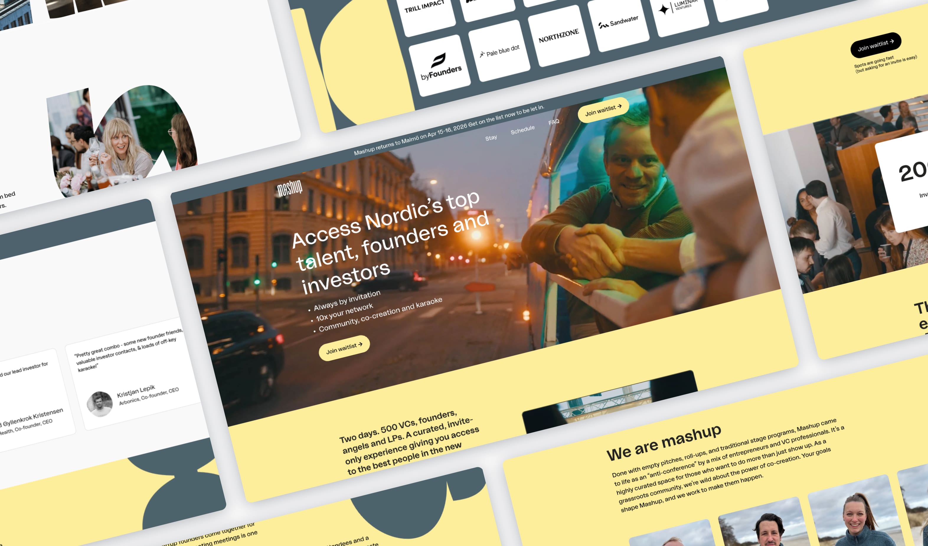 Översikt av Mashups webbdesign med sektioner som visar nätverksevent för nordiska founders och investerare