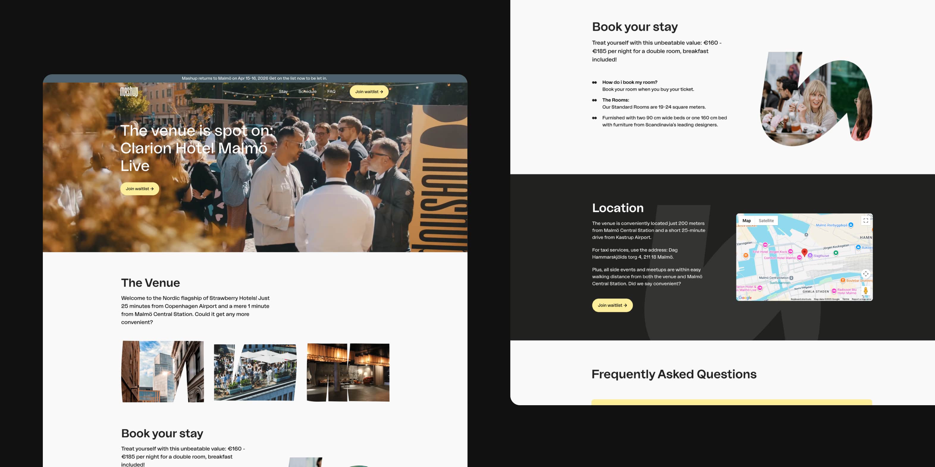 Webbsektioner som visar Mashups eventlokal i Malmö, hotellbokning, karta och vanliga frågor