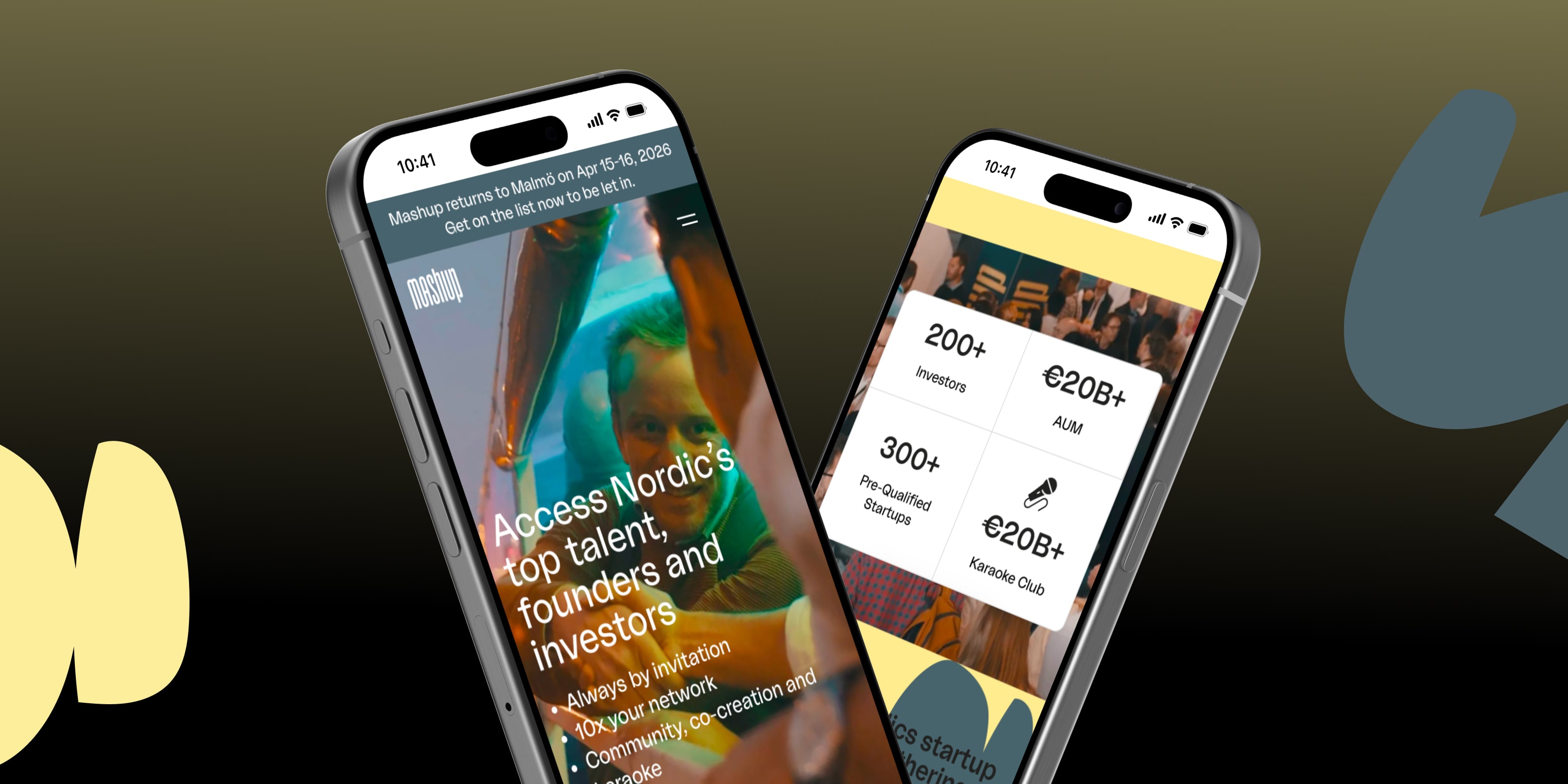 Mobilvy av Mashups webbplats som marknadsför ett exklusivt nordiskt startup- och investerarevent