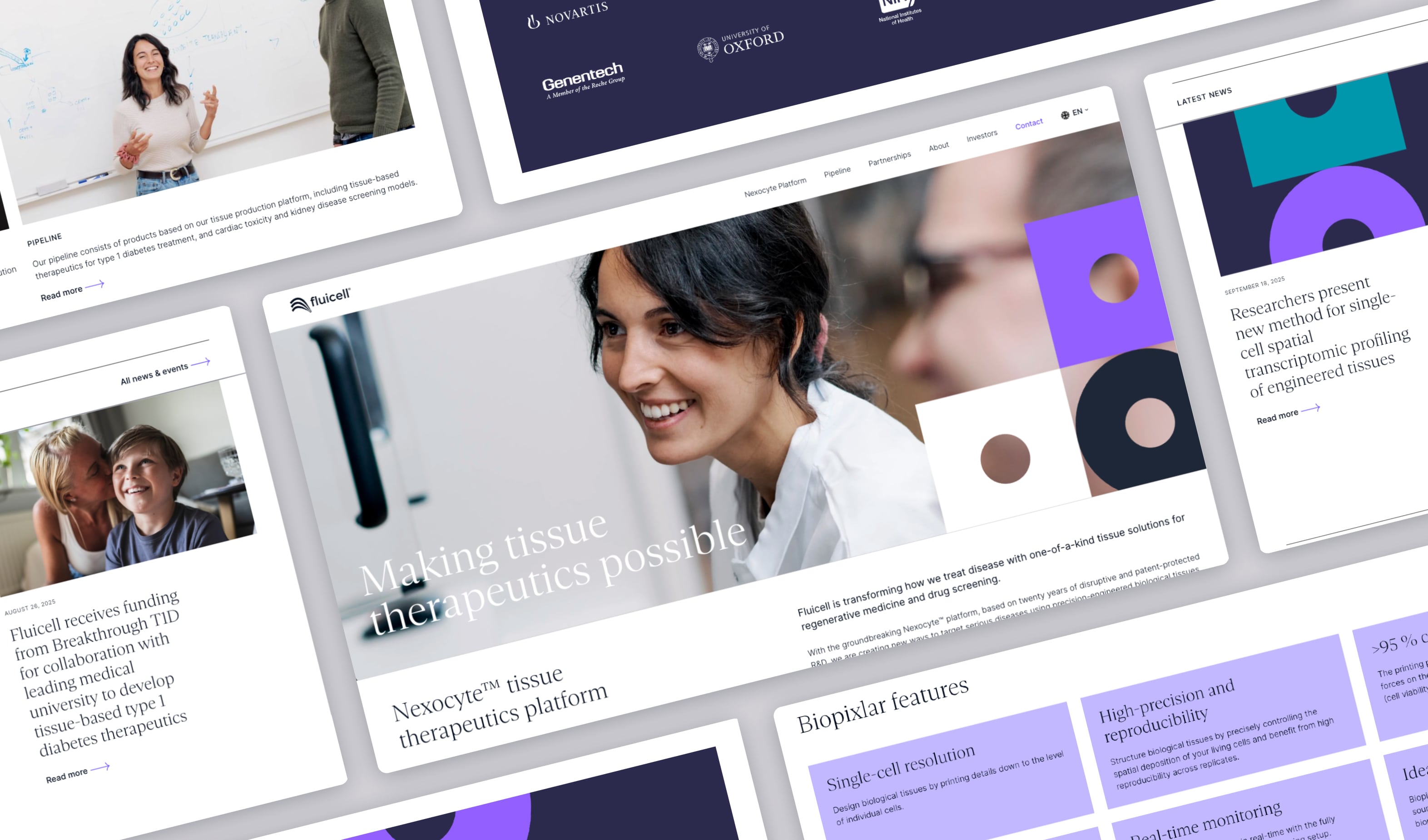 Översikt av gränssnitt och innehåll på Fluicells hemsida