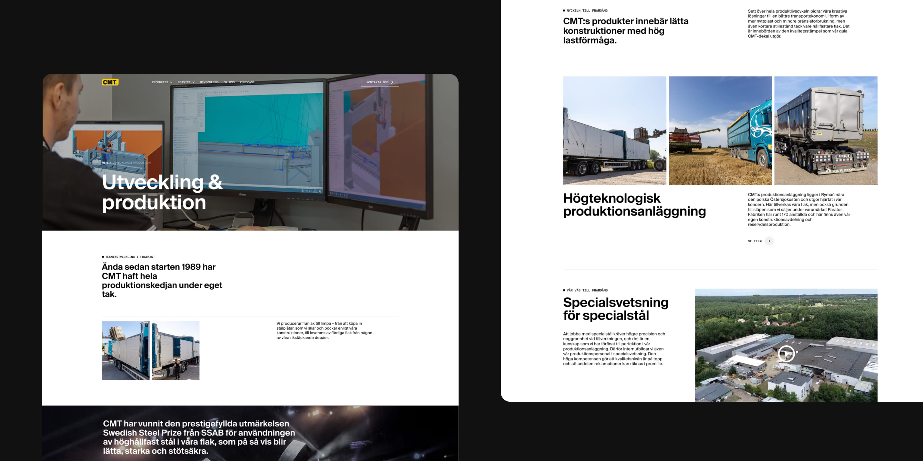 Innehållssidor på CMT:s hemsida som beskriver produktion och tillverkning