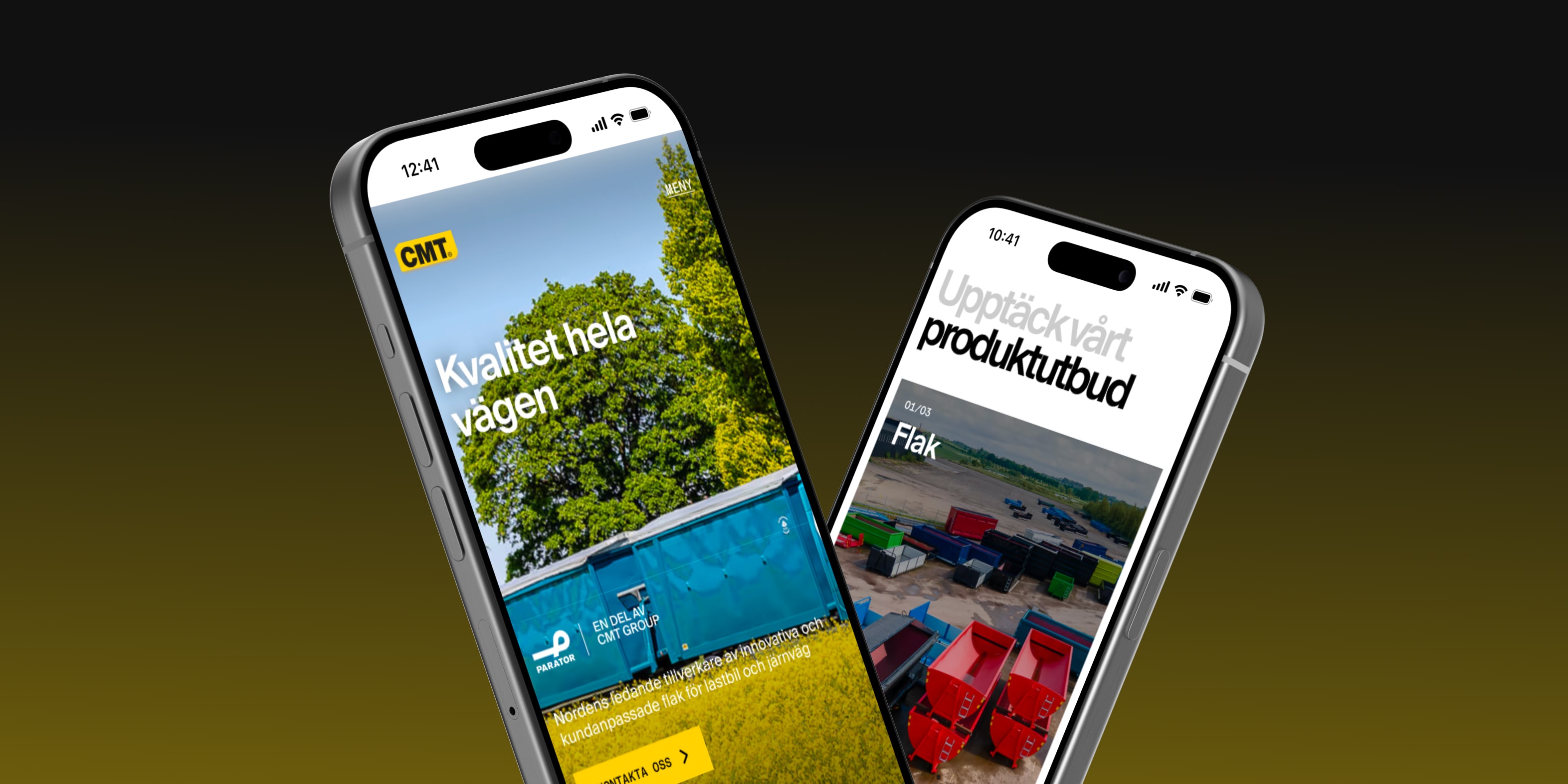 Mobilvy av CMT:s hemsida med produktutbud och startsida