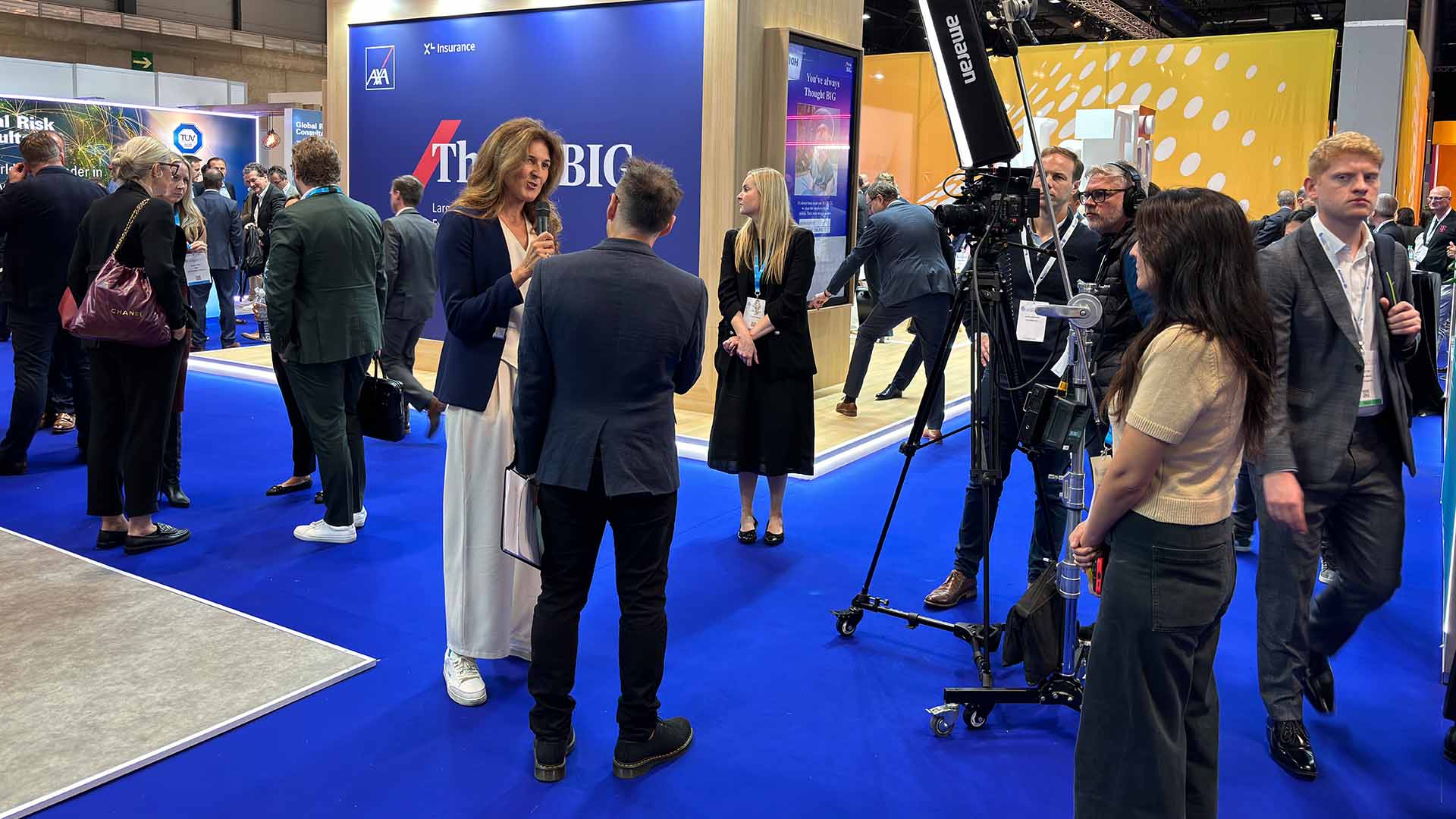 Signage being aligned on a conference stand