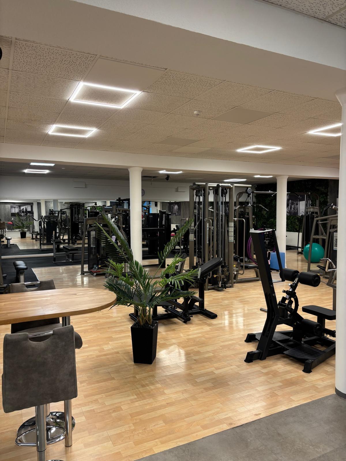 Modern gym area with exercise machines, wooden floor, a potted plant, and seating table with chairs.