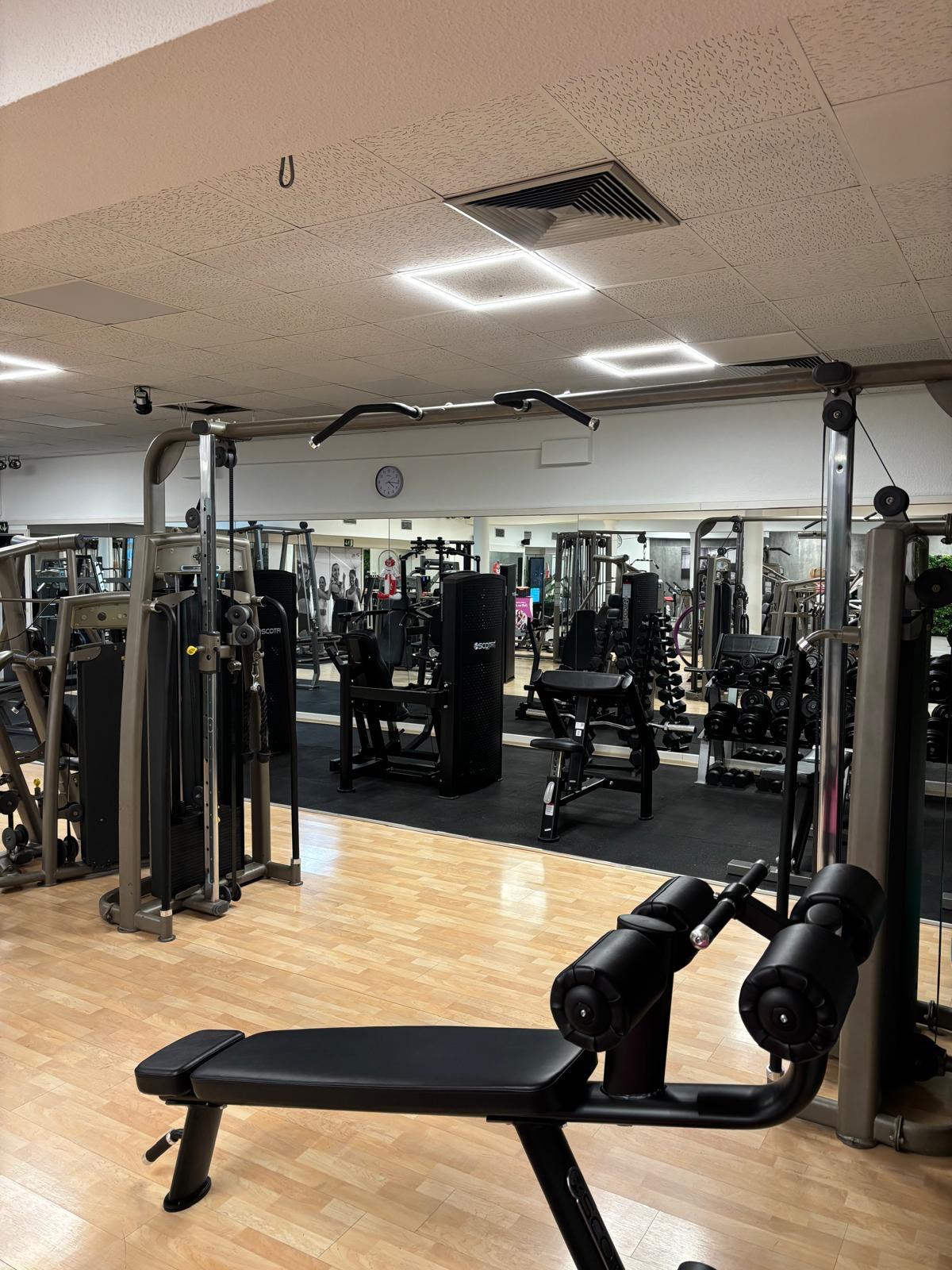 Empty gym with various weight machines, a bench, mirrors, and wooden flooring.