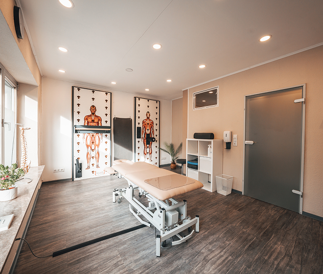 Bright physiotherapy room with treatment table, anatomical charts, shelves, and a window with plants.