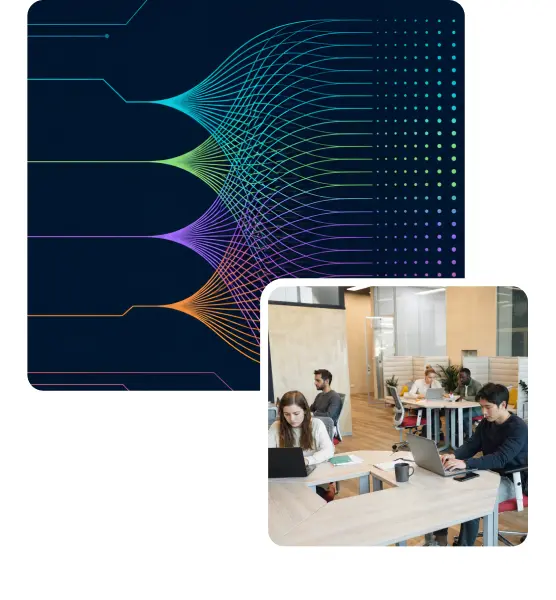 A collaborative office setting with people working on laptops, paired with an abstract digital network graphic featuring colorful flowing lines and data points on a dark background. The image symbolizes AI data validation, AI data verification, teamwork, innovation, artificial intelligence, machine learning, and digital transformation.