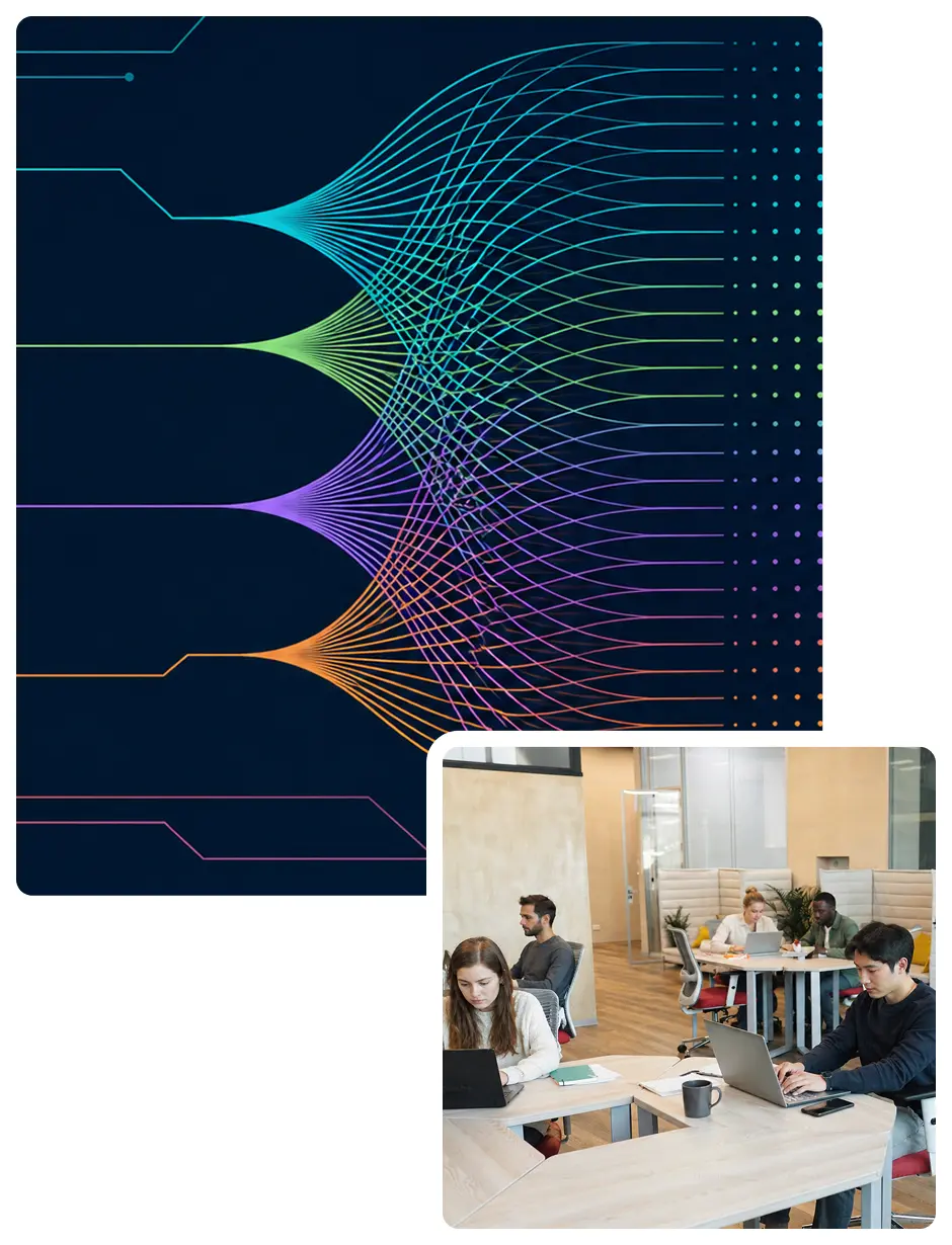 A collaborative office setting with people working on laptops, paired with an abstract digital network graphic featuring colorful flowing lines and data points on a dark background. The image symbolizes AI data validation, AI data verification, teamwork, innovation, artificial intelligence, machine learning, and digital transformation.