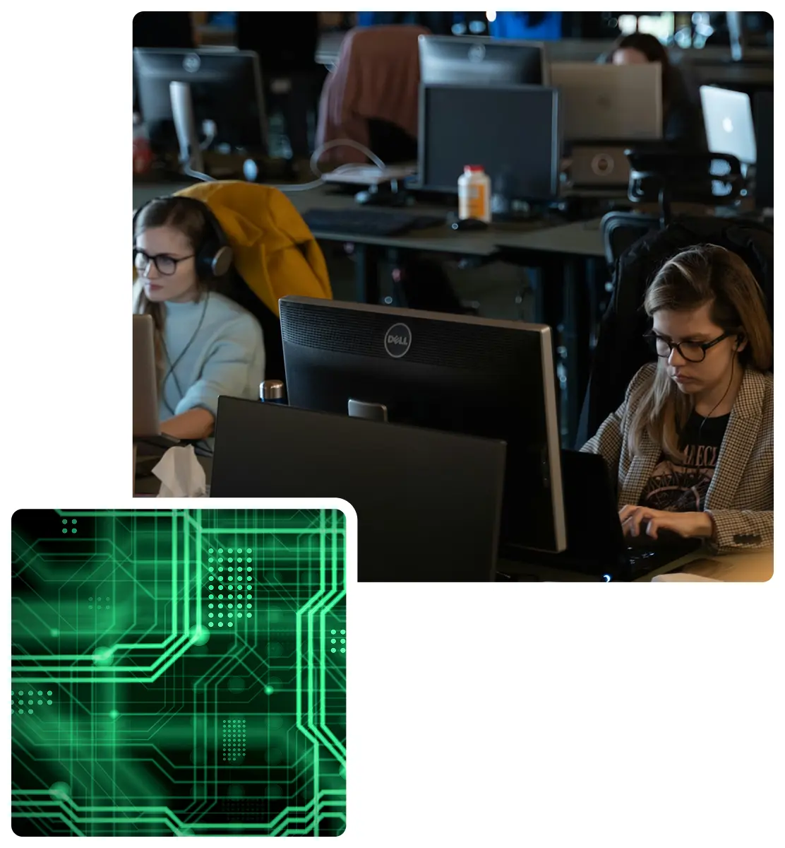 A modern office workspace with employees wearing headphones and working on computers, overlaid with a glowing green digital circuit board graphic. The image represents AI data validation, AI data verification, technology, connectivity, cybersecurity, and focused work in a tech-driven environment.