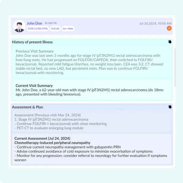 Marvix AI carries forward oncology histories, regimens, and assessments into composite notes for efficiency.