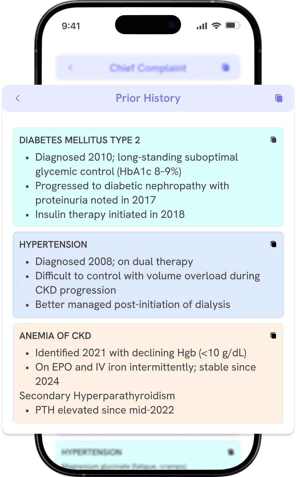  Smartphone showing Marvix AI auto-generated nephrology note with history, complaints, and labs.