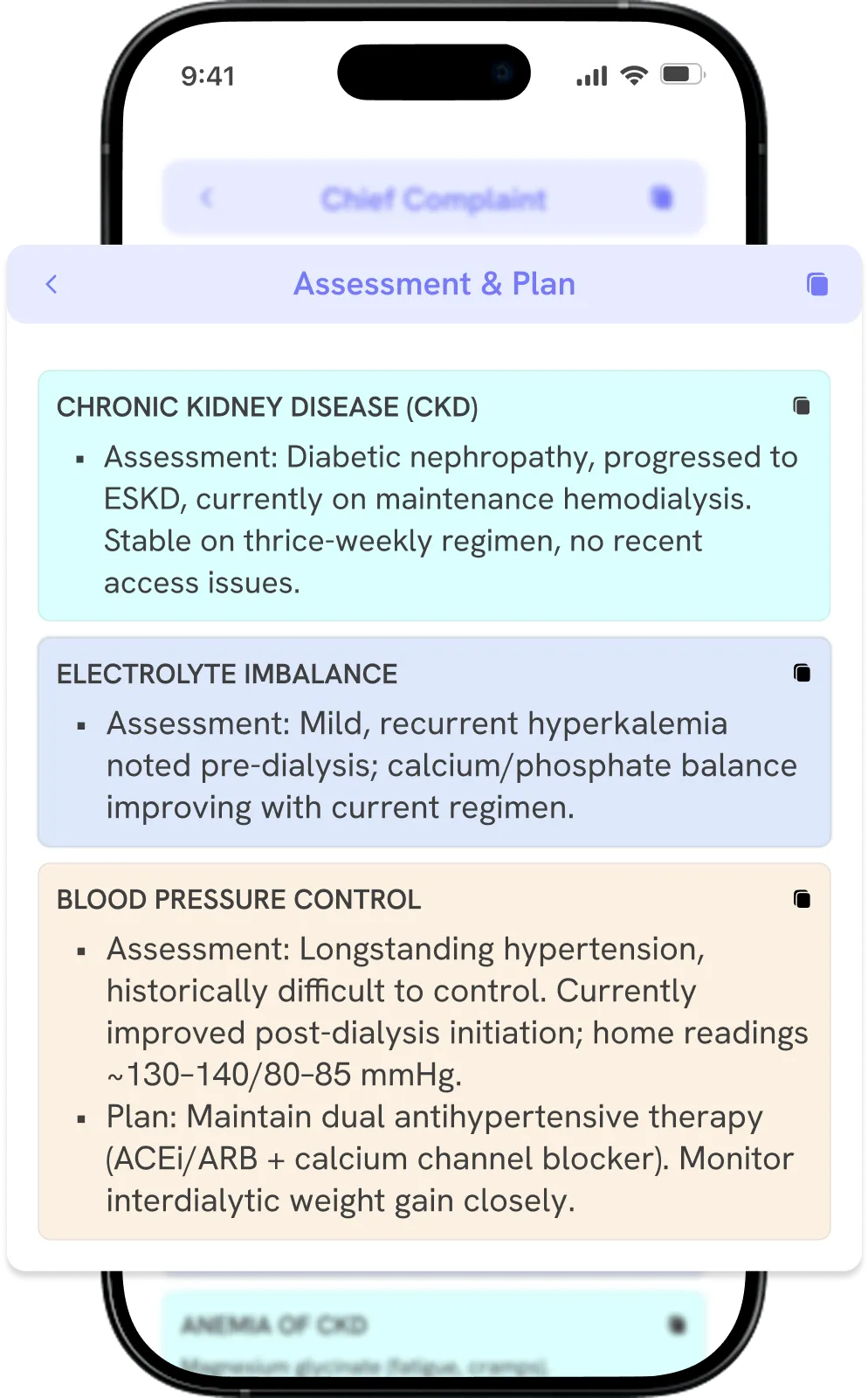  Smartphone showing Marvix AI auto-generated nephrology note with history, complaints, and labs.