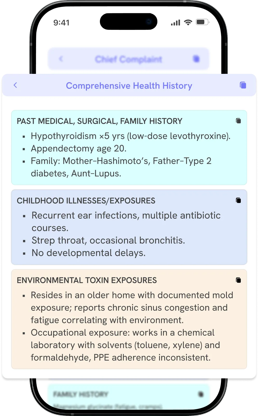  Smartphone showing Marvix AI auto-generated nephrology note with history, complaints, and labs.
